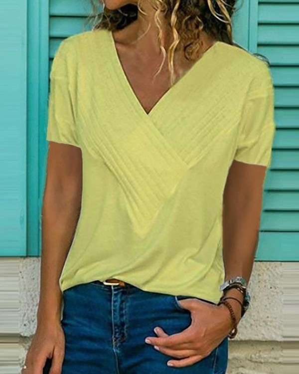 Solid V-Neck Crisscross Casual T-Shirt Solid V-Neck Crisscross Casual T-Shirt