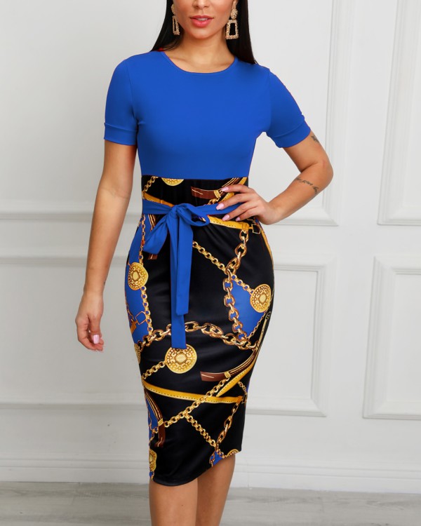 Chain Print Patchwork Tie Waist Midi Dress Chain Print Patchwork Tie Waist Midi Dress