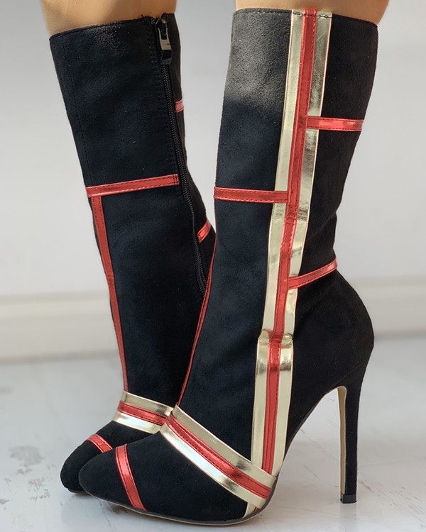 Striped Design Pointed Toe Thin Heeled Boots Striped Design Pointed Toe Thin Heeled Boots