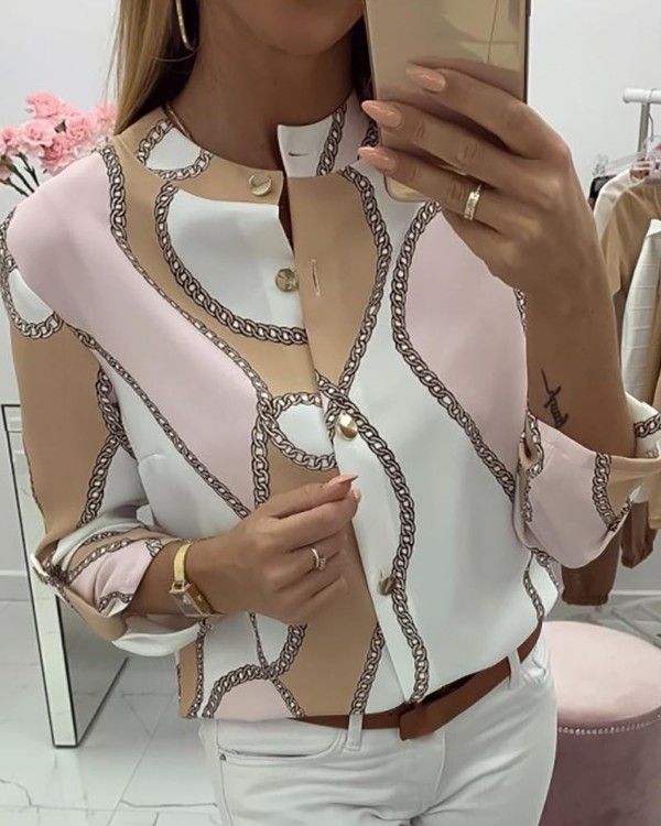 Chains Print Button Design Casual Blouse Chains Print Button Design Casual Blouse