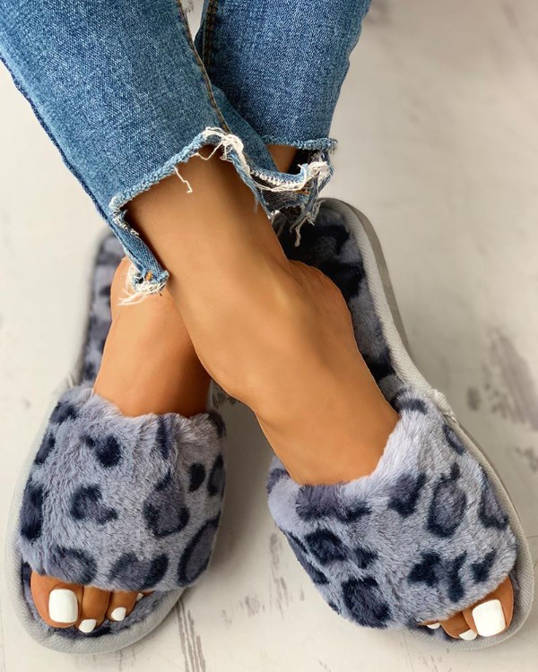 Fluffy Leopard Open Toe Flat Slippers Fluffy Leopard Open Toe Flat Slippers