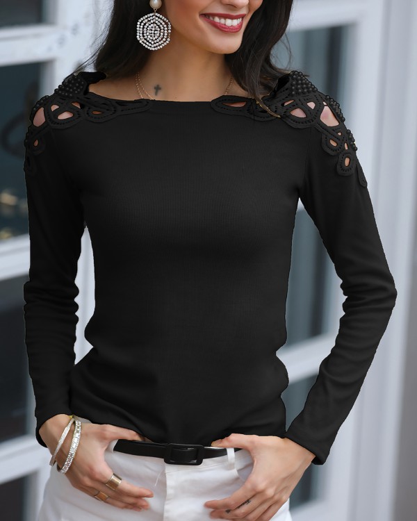 Solid Hollow Out Pearl Beaded Blouse Solid Hollow Out Pearl Beaded Blouse