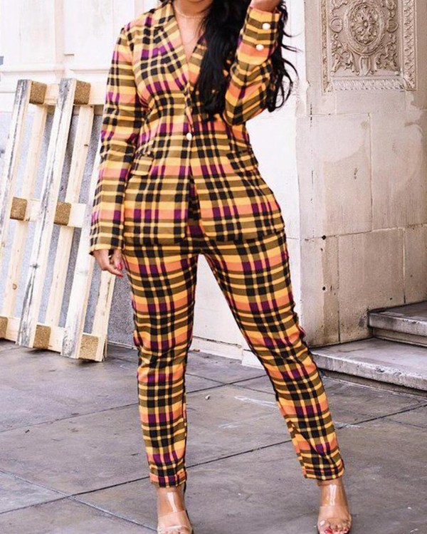 Plaid Print Coat & Pants Set Plaid Print Coat & Pants Set