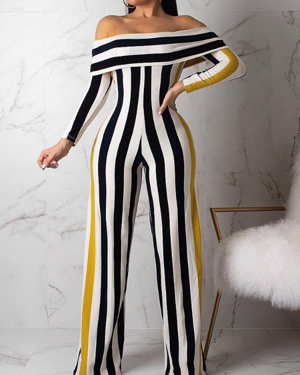 Contrast Stripes Fold-Over Wide Leg Jumpsuit Contrast Stripes Fold-Over Wide Leg Jumpsuit