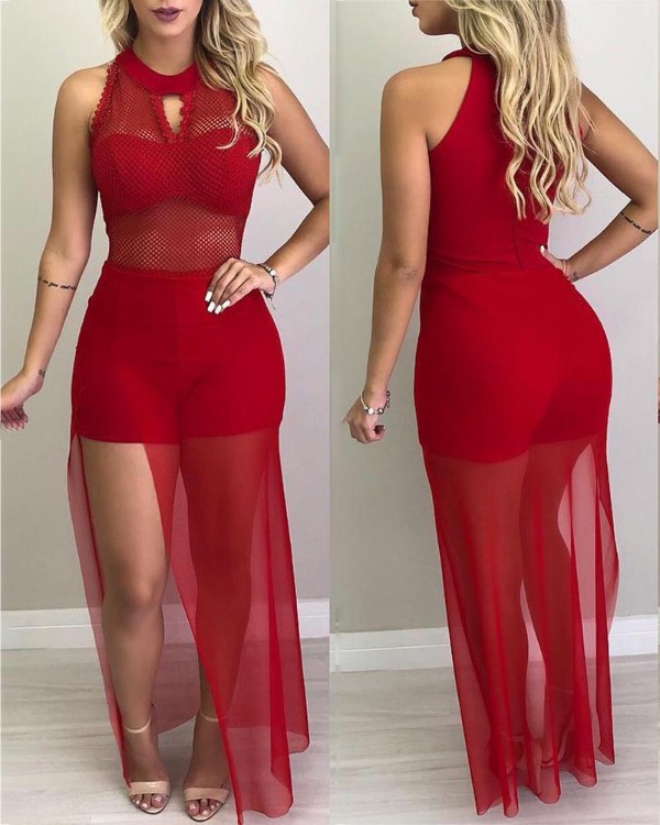 Sleeveless Fishnet Mesh Overlay Romper Sleeveless Fishnet Mesh Overlay Romper