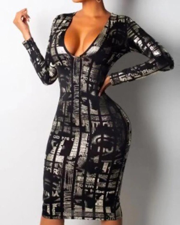 Low Cut Print Long Sleeve Bodycon Dress Low Cut Print Long Sleeve Bodycon Dress