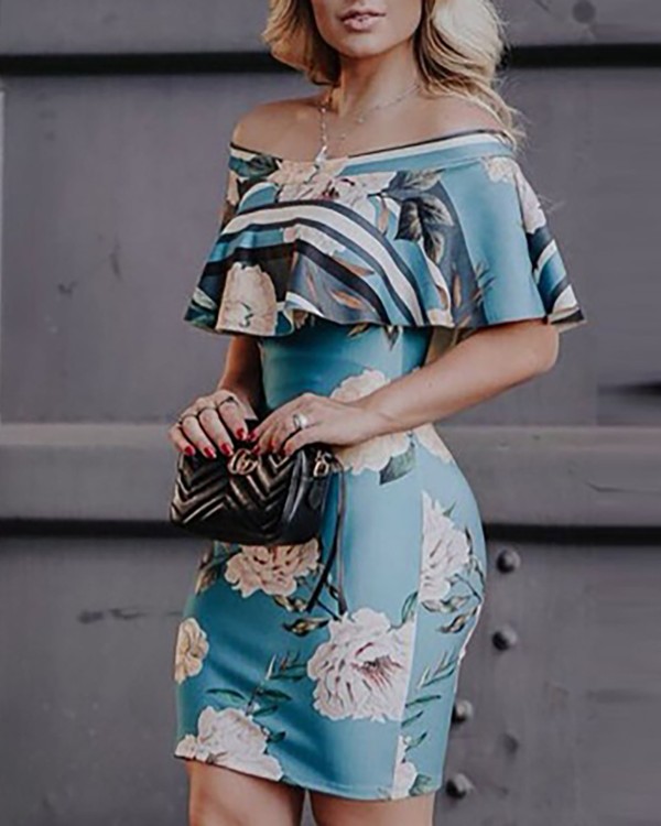 Floral Print Ruffles Bodycon Dress Floral Print Ruffles Bodycon Dress