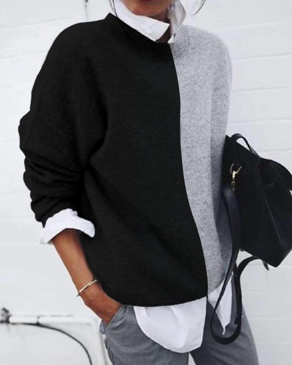 Round Neck Colorblock Insert Long Sleeve Blouse Round Neck Colorblock Insert Long Sleeve Blouse