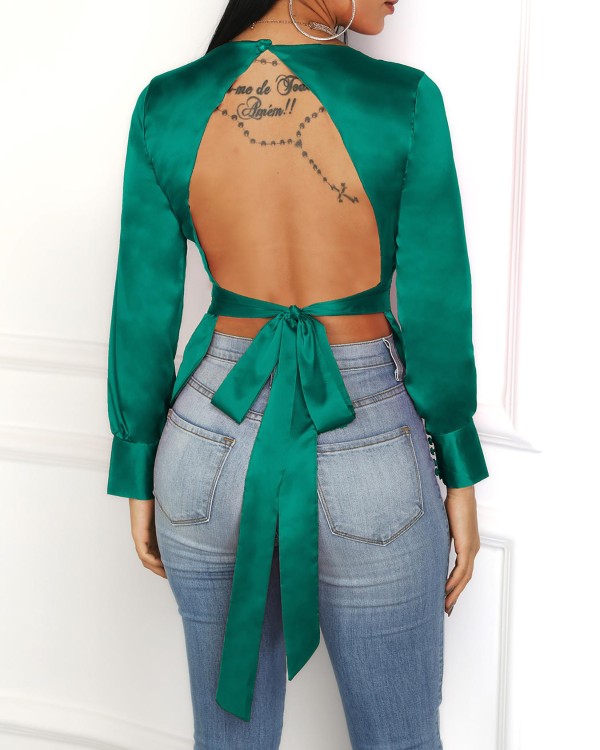 Solid Bowknot Design Open Back Blouse Solid Bowknot Design Open Back Blouse