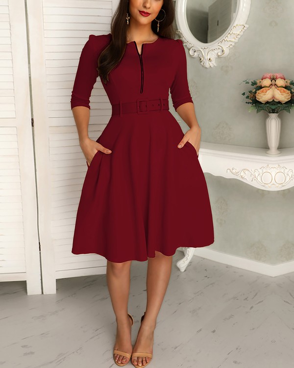 Solid Zipper Up Belted Pleated Casual Dress Solid Zipper Up Belted Pleated Casual Dress