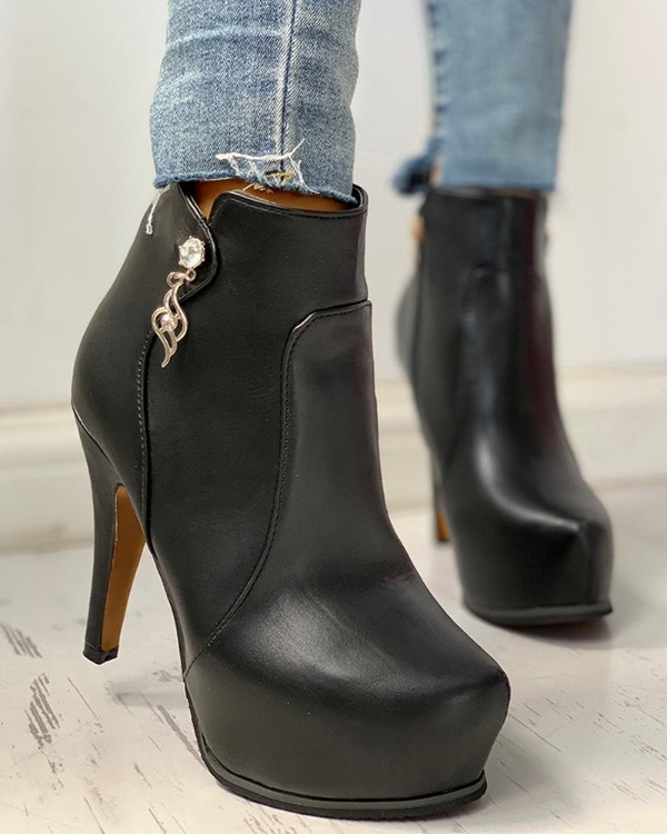 Solid Pointed Toe Zipper Design Platform Thin Heels Solid Pointed Toe Zipper Design Platform Thin Heels