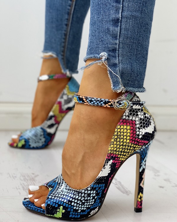 Peep Toe Colours Snakeskin Print Thin Heels Peep Toe Colours Snakeskin Print Thin Heels