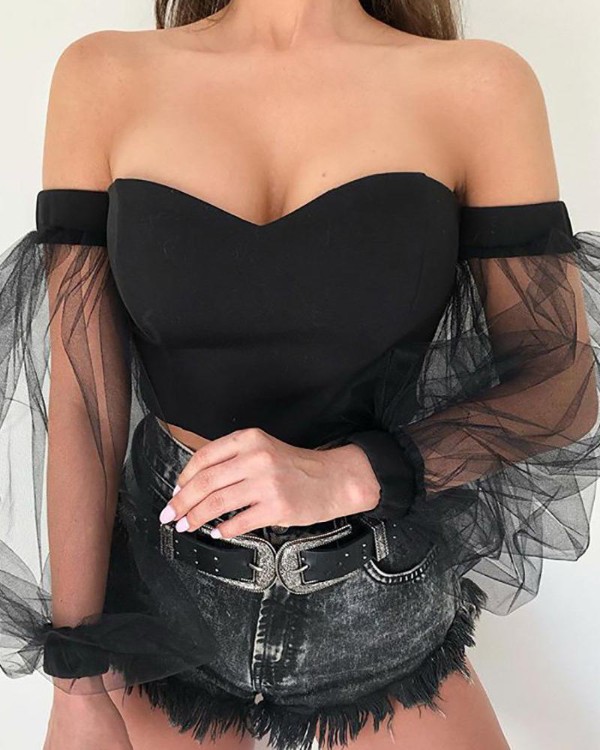 Sweetheart Neck Lantern Mesh Sleeve Insert Blouse Sweetheart Neck Lantern Mesh Sleeve Insert Blouse