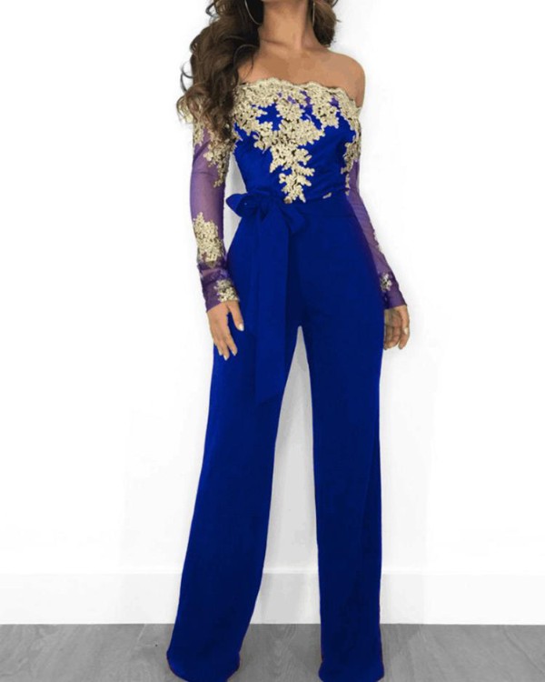 Flower Embroidery Off Shoulder Wide Leg Jumpsuit Flower Embroidery Off Shoulder Wide Leg Jumpsuit