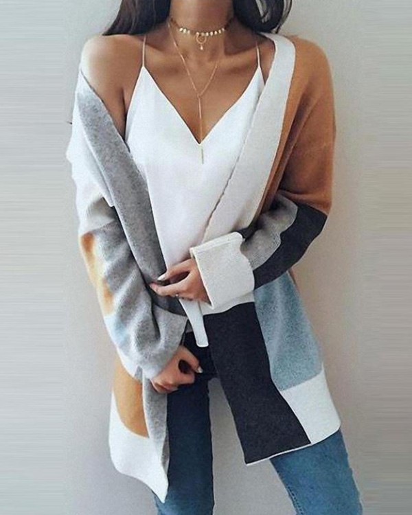 Open Front Colorblocks Knitted Cardigan Open Front Colorblocks Knitted Cardigan