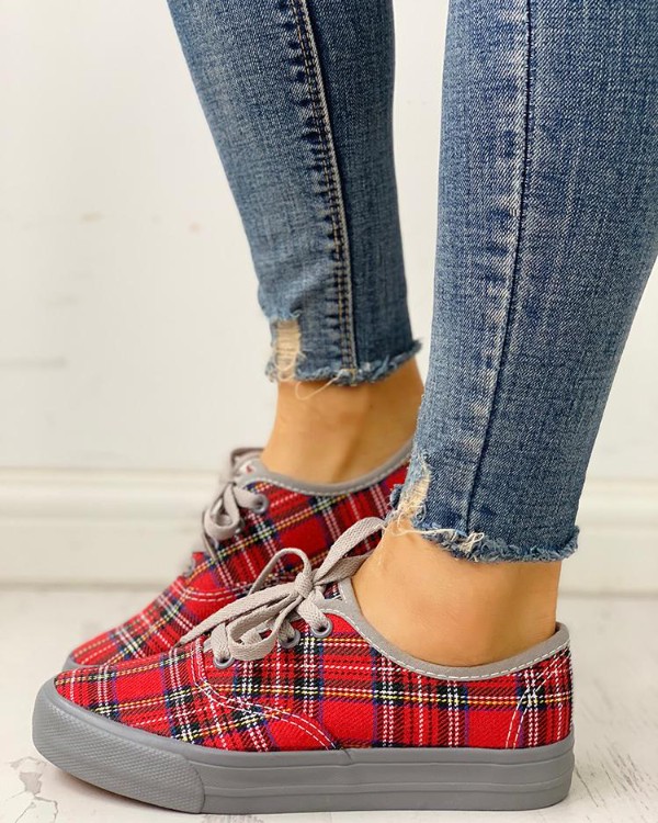 Plaid Insert Lace-Up Casual Sneakers Plaid Insert Lace-Up Casual Sneakers