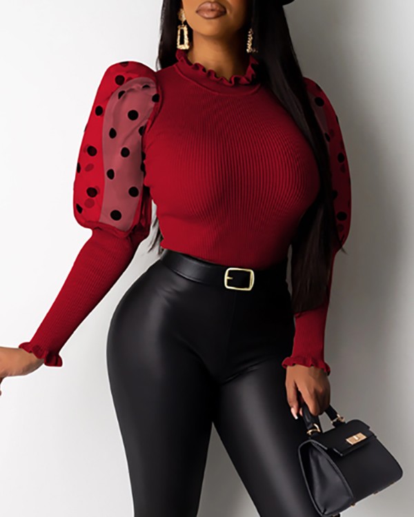 Mesh Dot Puffed Sleeve Ribbed Blouse Mesh Dot Puffed Sleeve Ribbed Blouse