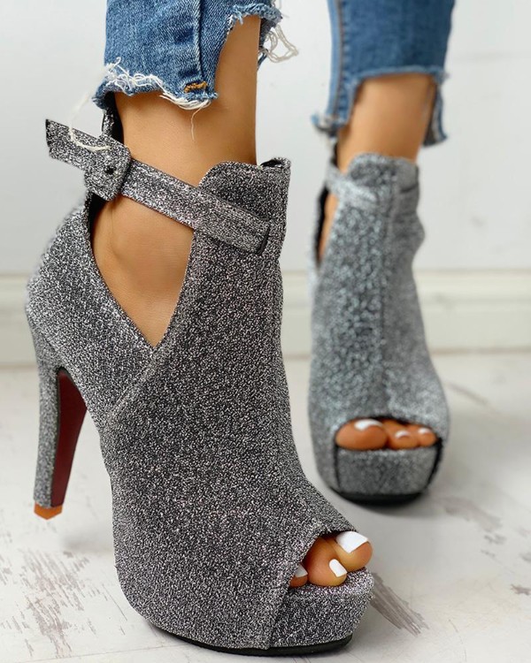 Glitter Peep Toe Cut Out Platform Thin Heels Glitter Peep Toe Cut Out Platform Thin Heels