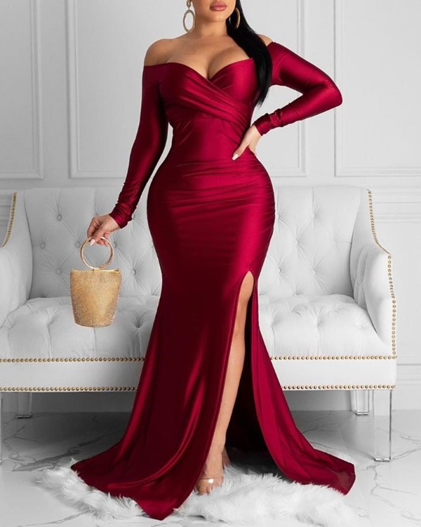 Off Shoulder Ruched Slit Evening Dress Off Shoulder Ruched Slit Evening Dress