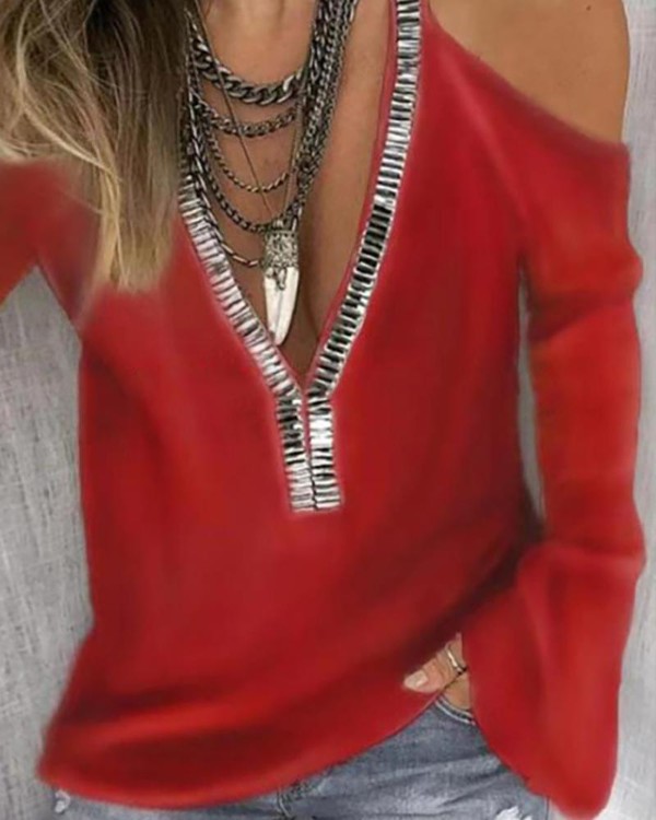 Cold Shoulder Sequins Patch Long Sleeve Blouse Cold Shoulder Sequins Patch Long Sleeve Blouse