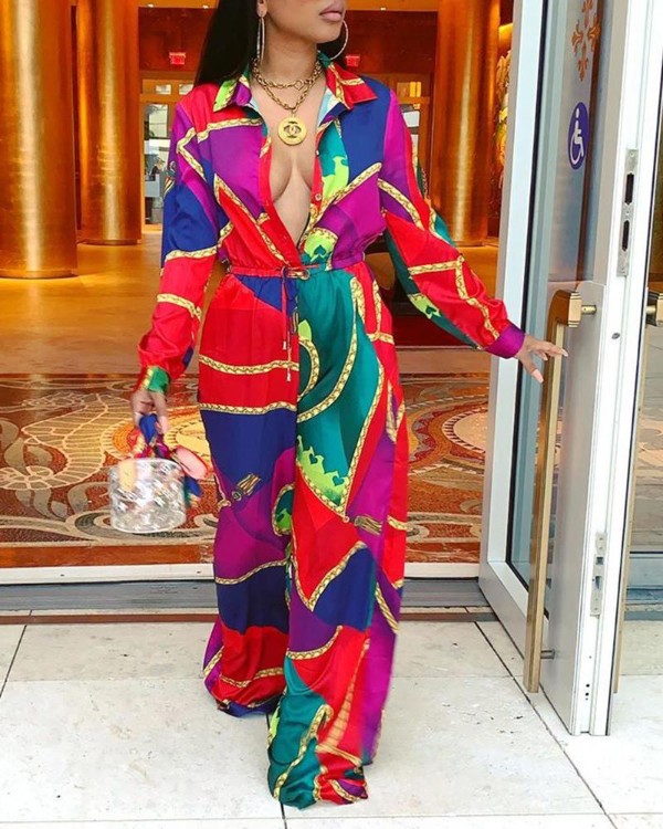 Colorblock Drawstring Waist Wide Leg Jumpsuit Colorblock Drawstring Waist Wide Leg Jumpsuit