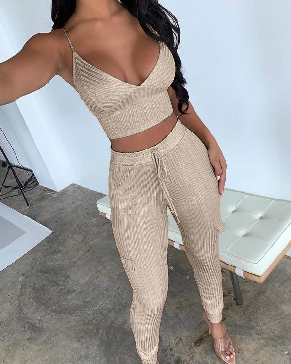 Ribbed Crop Top + Trousers Set Ribbed Crop Top + Trousers Set