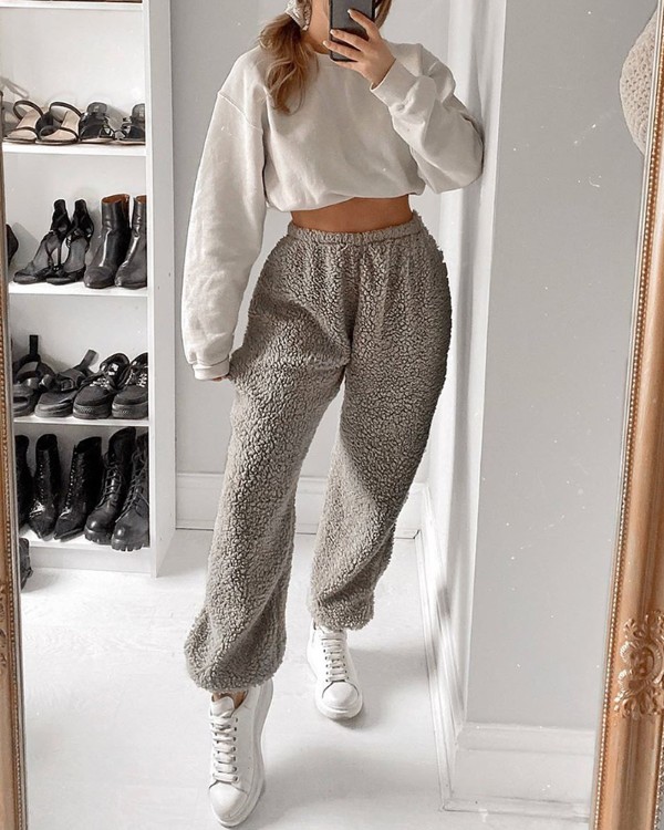 Solid High Waist Fluffy Casual Pants Solid High Waist Fluffy Casual Pants