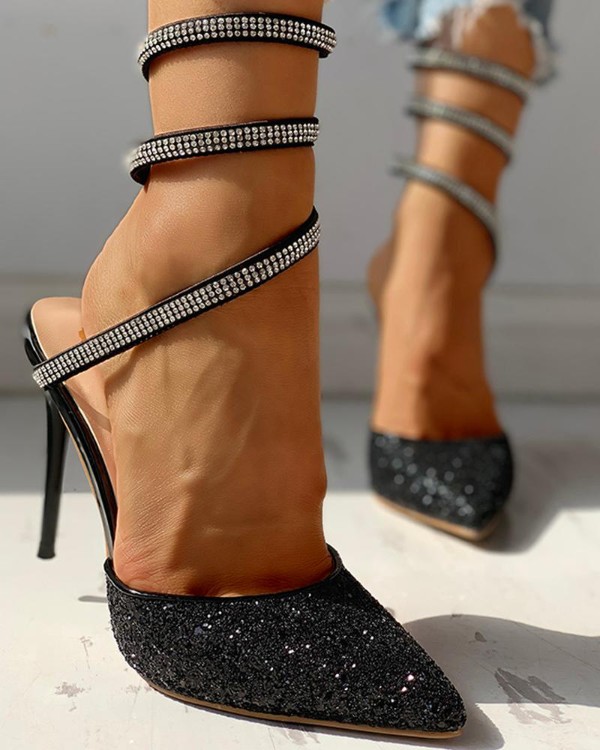 Glitter Pointed Toe Sequins Multi-strap Slingback Thin Heeled Sandals Glitter Pointed Toe Sequins Multi-strap Slingback Thin Heeled Sandals