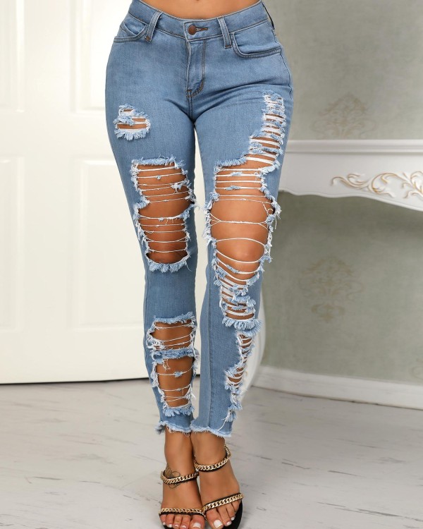 Holey Frayed Hem Distressed Pencil Jeans Holey Frayed Hem Distressed Pencil Jeans