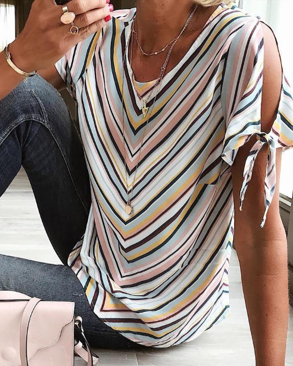 Cold Shoulder Colorful Striped Casual Blouse Cold Shoulder Colorful Striped Casual Blouse
