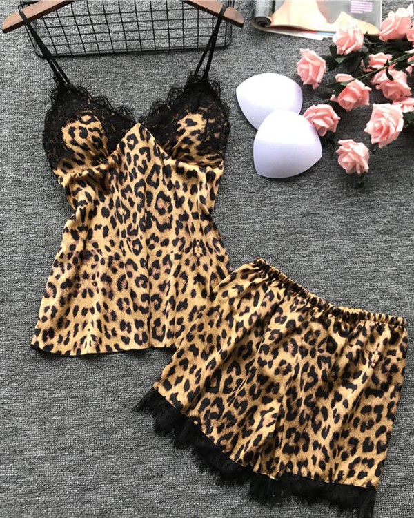 Leopard Print Lace Spaghetti Strap Lingerie Set Leopard Print Lace Spaghetti Strap Lingerie Set