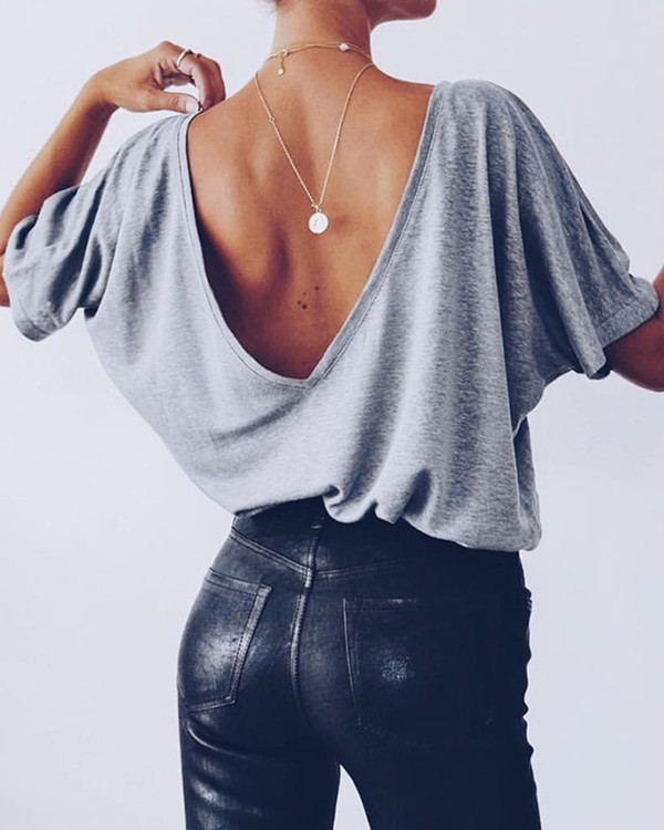 Solid Open Back Short Sleeve T-Shirt Solid Open Back Short Sleeve T-Shirt