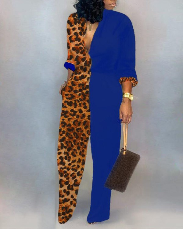 Plunge Colorblock Insert Leopard Jumpsuit Plunge Colorblock Insert Leopard Jumpsuit