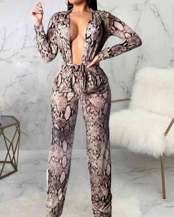 Snakeskin Print Belted Top & Pants Sets Snakeskin Print Belted Top & Pants Sets