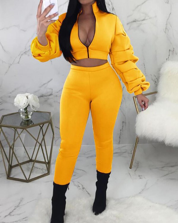 Crop Puff Sleeve Jacket & Pants Sets Crop Puff Sleeve Jacket & Pants Sets