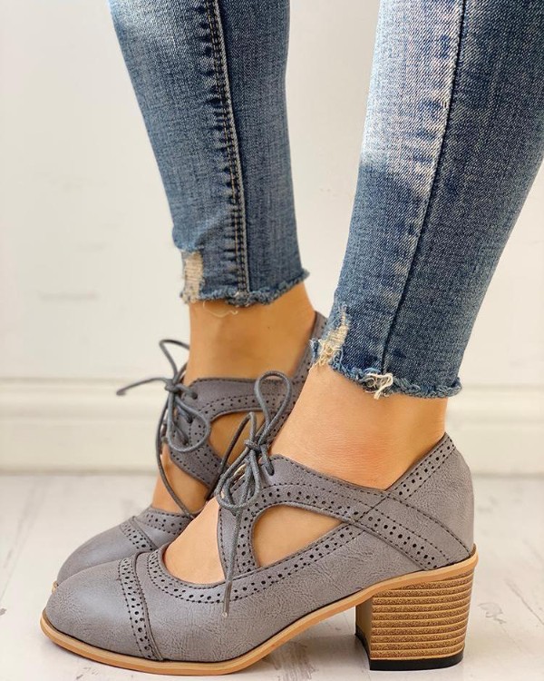 Lace-Up Cut Out Chunky Heels Lace-Up Cut Out Chunky Heels