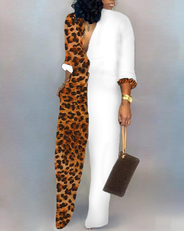 Plunge Colorblock Insert Leopard Jumpsuit Plunge Colorblock Insert Leopard Jumpsuit