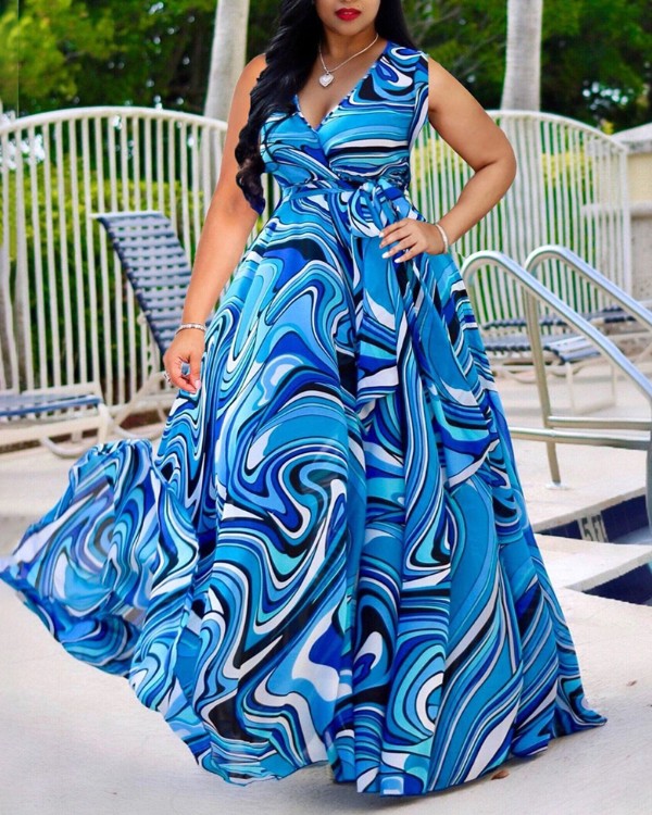 V-neck Multicolor Rippled Print Maxi Dress V-neck Multicolor Rippled Print Maxi Dress