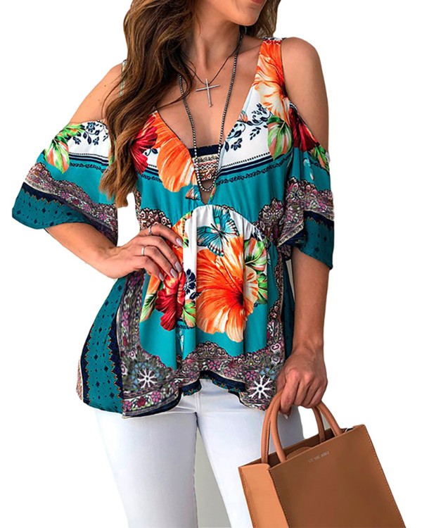 Cold Shoulder V-neck Floral Print Top Cold Shoulder V-neck Floral Print Top