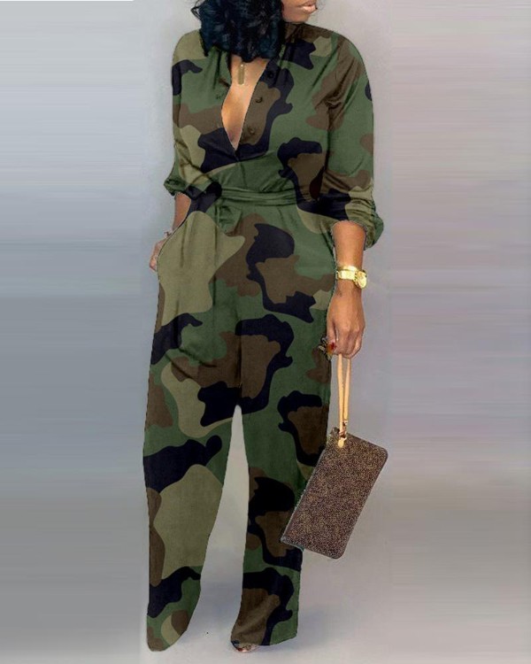 V Neck Camouflage Print Buttoned Jumpsuit V Neck Camouflage Print Buttoned Jumpsuit