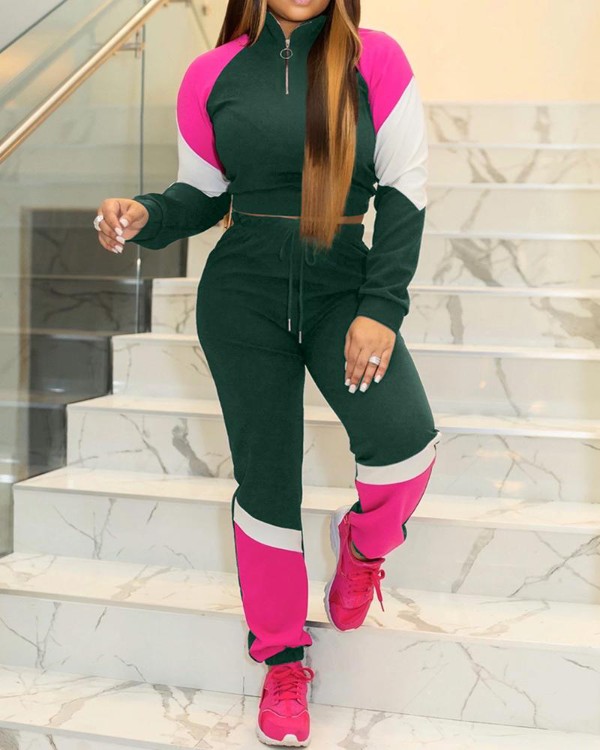 Colorblock Insert Zipper Design Crop Top & Drawstring Pants Sets Colorblock Insert Zipper Design Crop Top & Drawstring Pants Sets