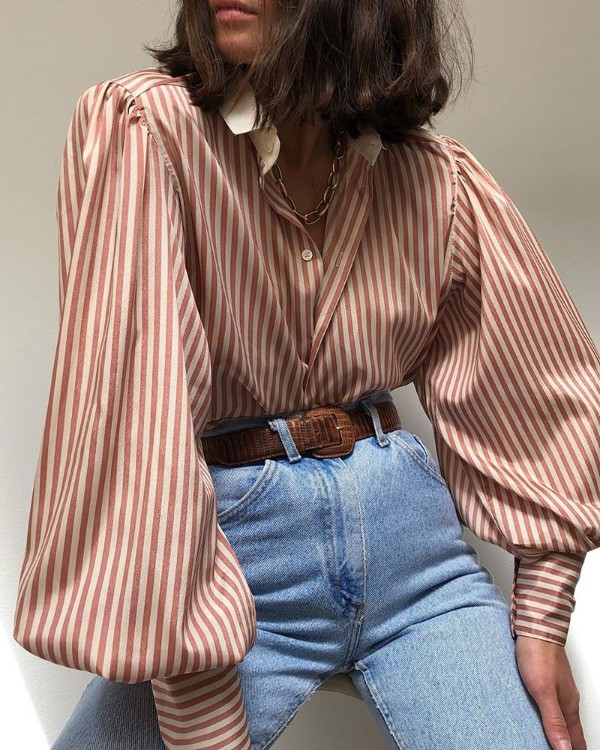 Striped Print Lantern Sleeve Shirt Striped Print Lantern Sleeve Shirt