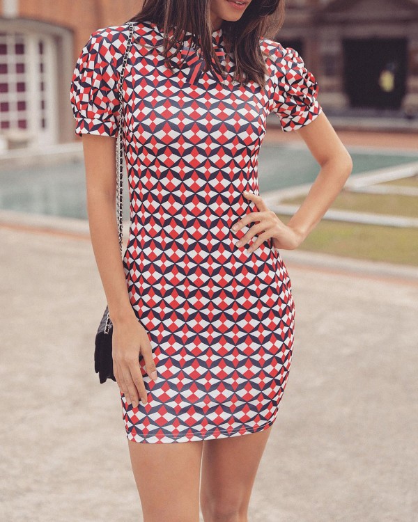 Geometric Print Tied Neck Cutout Back Bodycon Dress Geometric Print Tied Neck Cutout Back Bodycon Dress