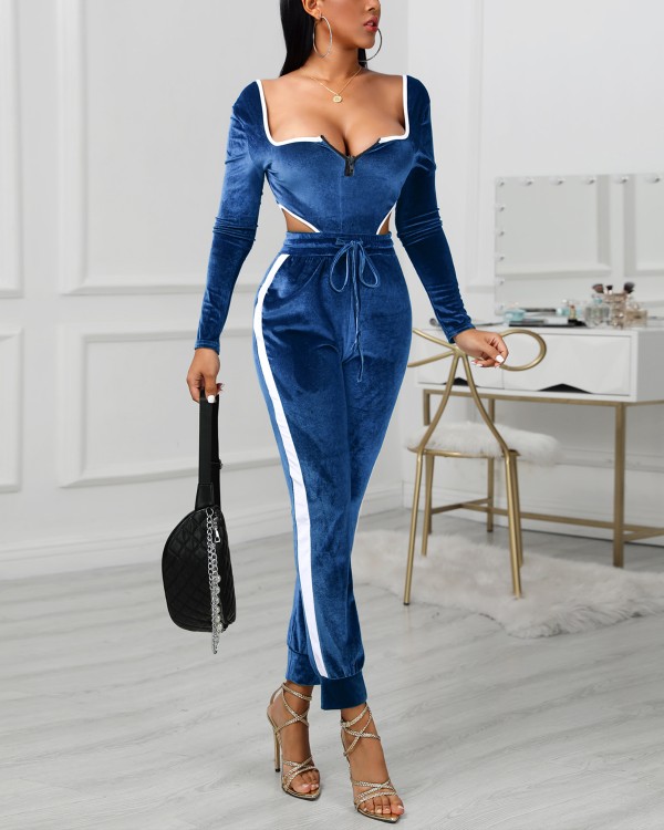 Colorblock Zipped Drawstring Design Backless Jumpsuit Colorblock Zipped Drawstring Design Backless Jumpsuit