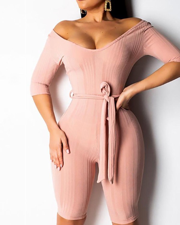 Off Shoulder Half Sleeve Belted Romper Off Shoulder Half Sleeve Belted Romper
