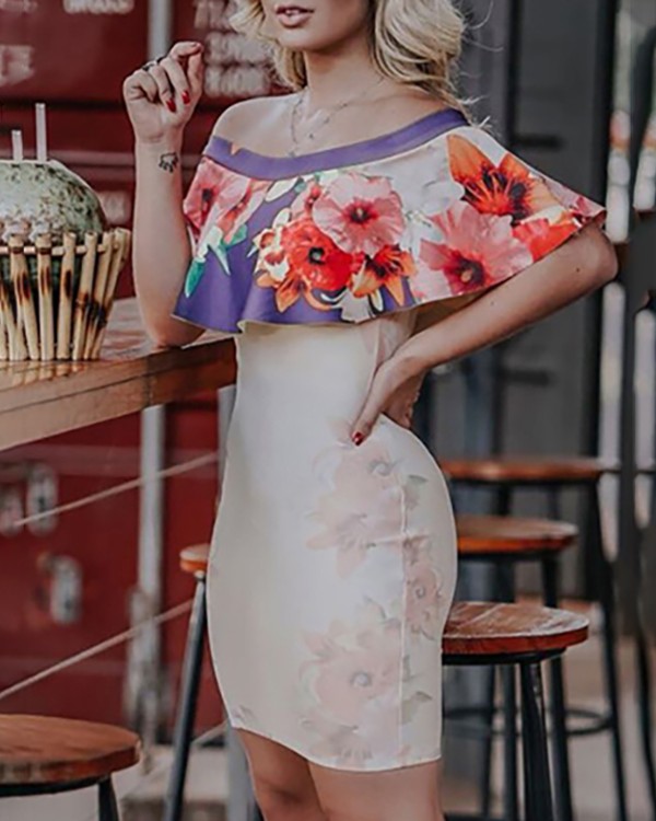 Floral Flounce Off Shoulder Bodycon Dress Floral Flounce Off Shoulder Bodycon Dress