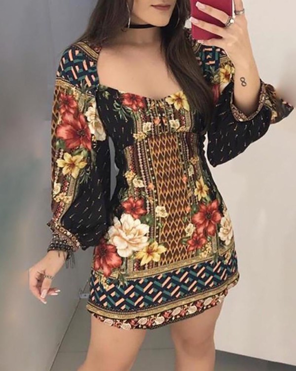 Floral Print Lantern Sleeve Casual Dress Floral Print Lantern Sleeve Casual Dress