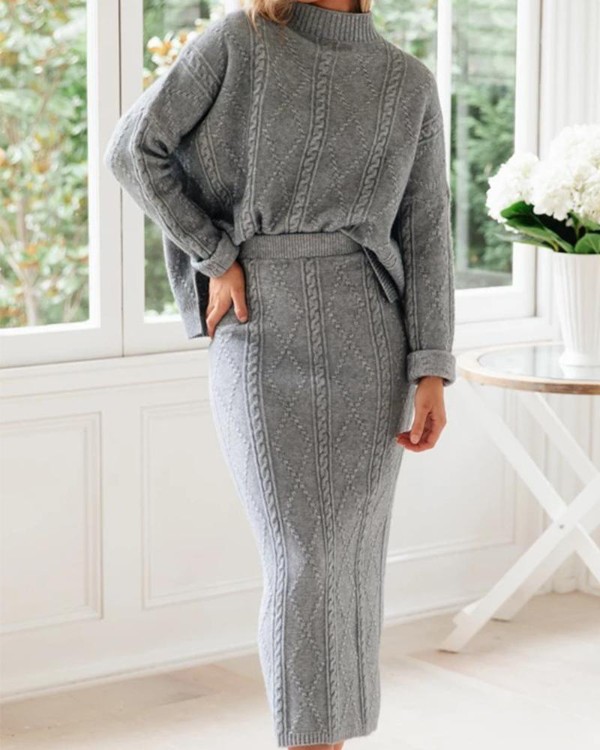 High Neck Casual Sweater + Maxi Skirt Set High Neck Casual Sweater + Maxi Skirt Set