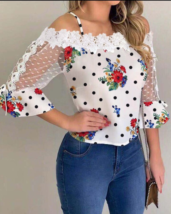 Cold Shoulder Mesh Insert Print Blouse Cold Shoulder Mesh Insert Print Blouse