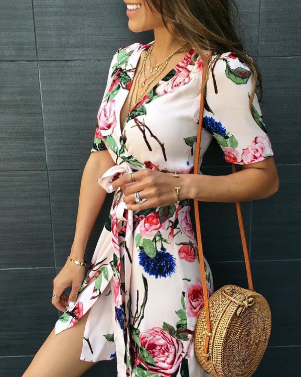Floral Print V-Neck Wrap Casual Dress Floral Print V-Neck Wrap Casual Dress